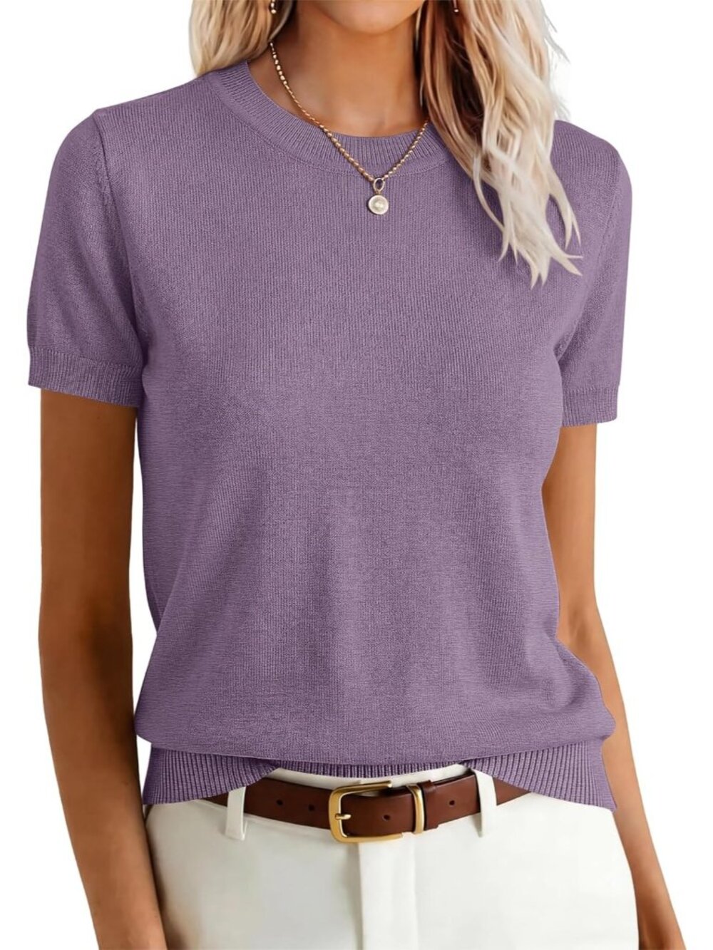 Women's Grey Purple Crew Neck Short Sleeve Wool Blend Casual Work Tops
